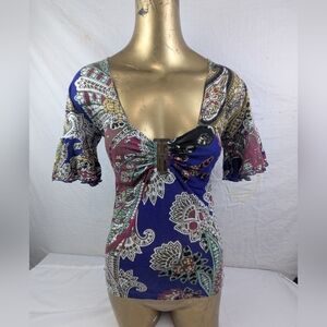 Just Cavalli Multicolor Floral Paisley Ruffle Sleeve Blouse With Front Buckle Sm